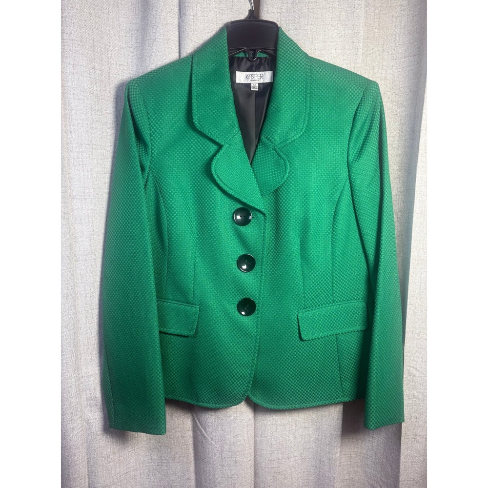 Kasper Separates Womens Green Textured Basketweave 3-Button Blazer Jacket 12